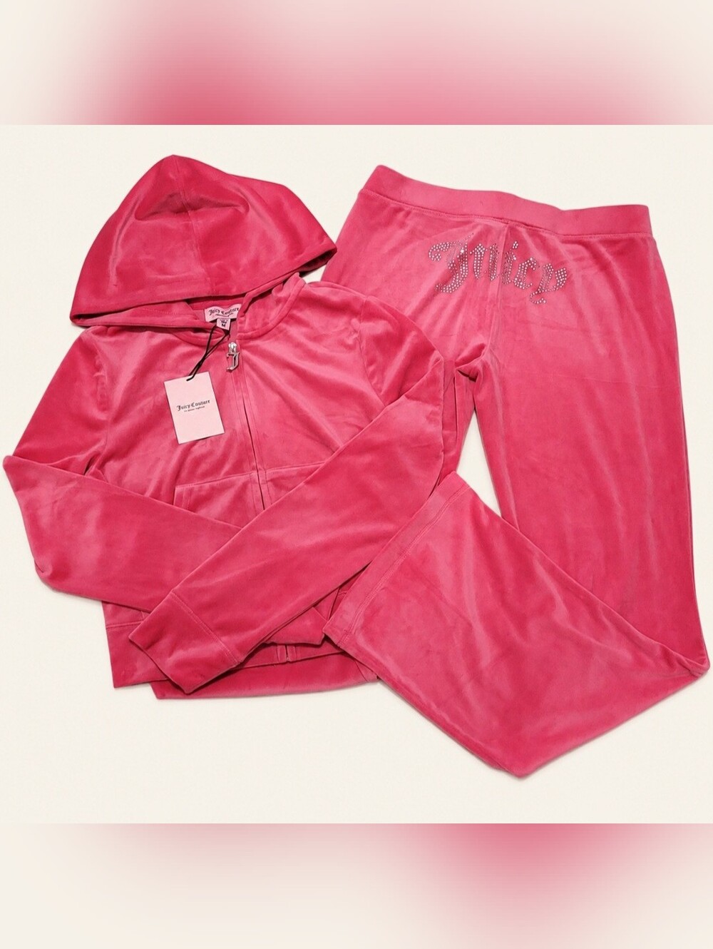 Juicy Couture Pink Party Velour Zip Up Hoodie & Pant Set - M